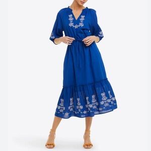 Draper James Embroidered Blue Midi Dress V-Neck Cotton